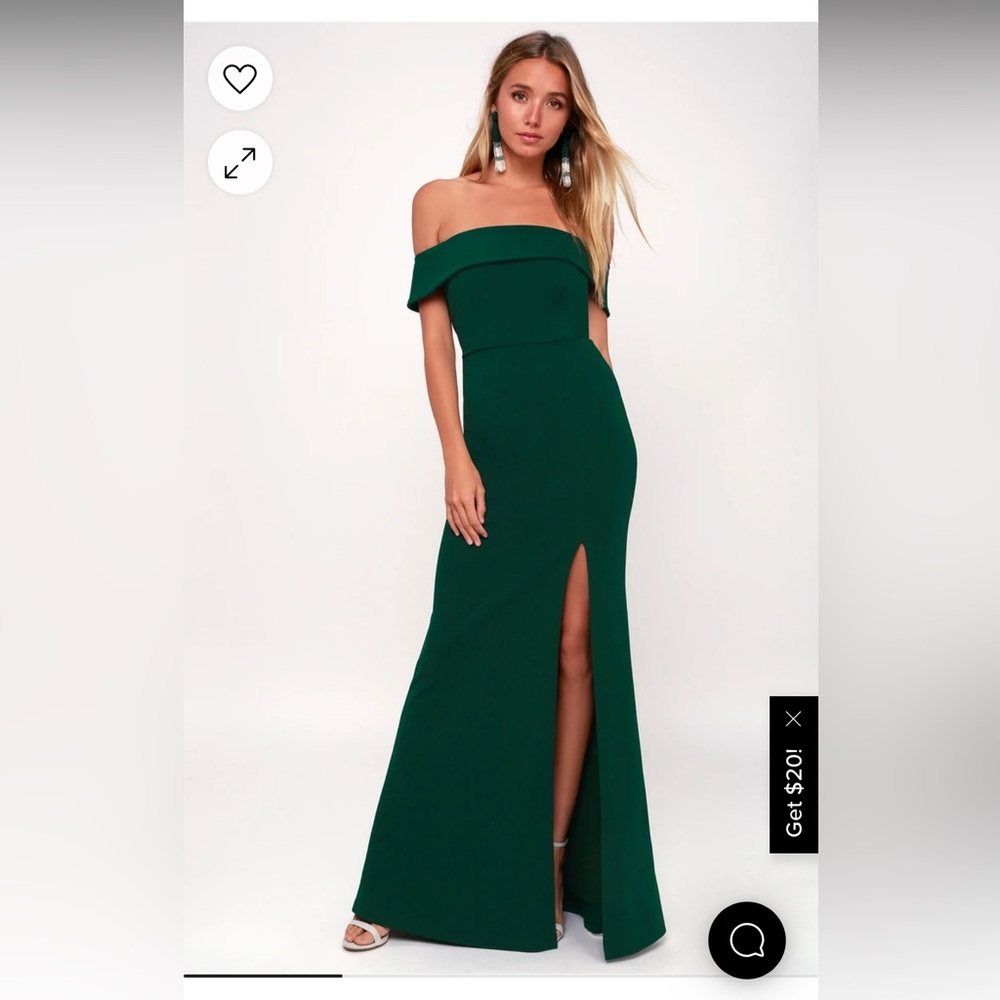 Lulus floor length Hunter green gown, off the shoulder, never worn